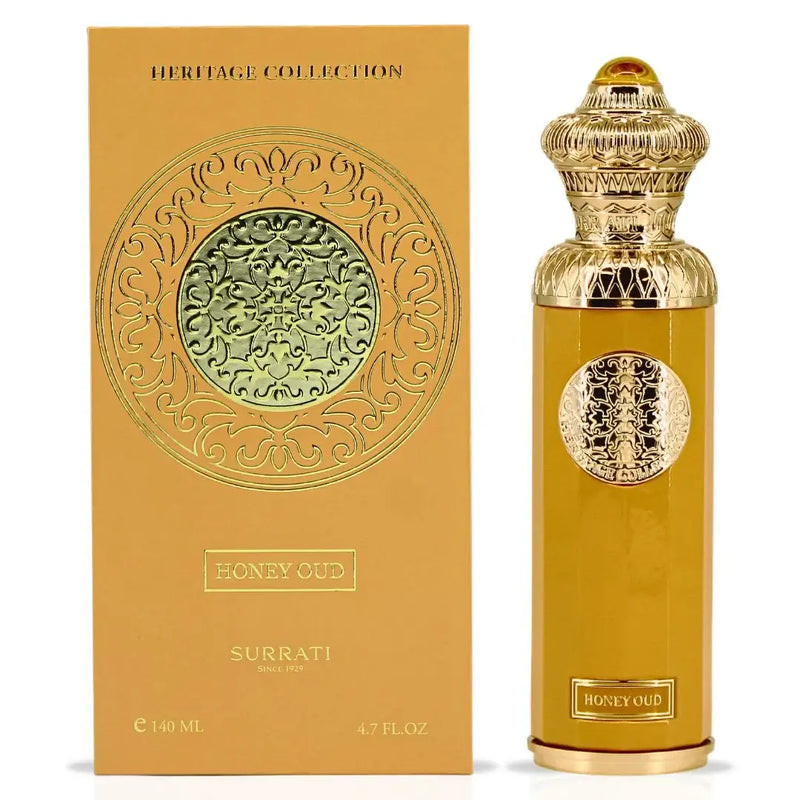 Honey Oud EDP by Surrati Heritage Collection 140ml packaging and bottle, unisex fragrance with rich floral and woody notes.