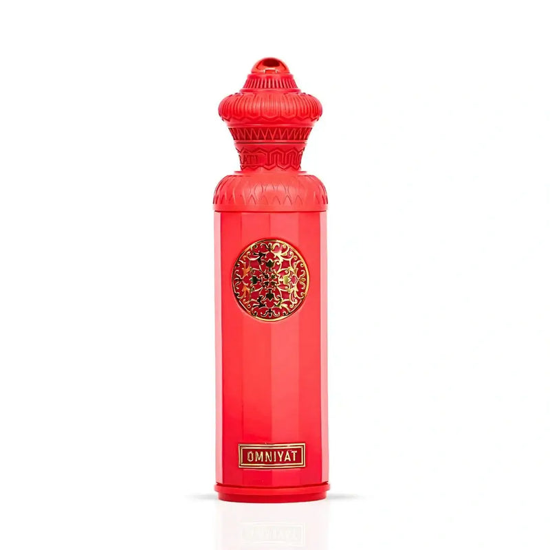 OMNIYAT BY SURRATI HERITAGE COLLECTION EDP bottle in vibrant red, showcasing luxurious fruity-gourmand fragrance.