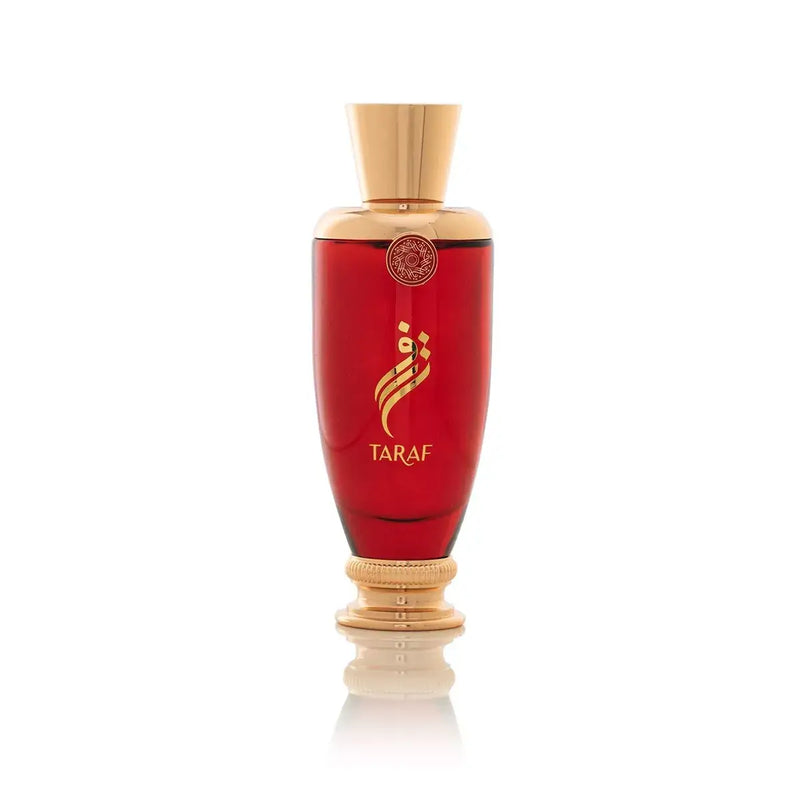 TARAF 100ml EDP by Arabian Oud in an elegant red bottle with gold accents.