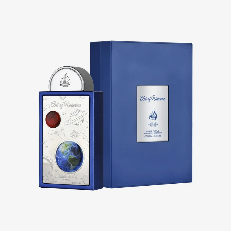 LATTAFA PRIDE ART OF UNIVERSE EDP 100ml fragrance bottle and packaging in blue with cosmic design.