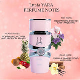 YARA FOR WOMEN EDP BY LATTAFA PERFUMES 100ml showing perfume notes with Heliotrope, Tangerine, and Floral ingredients.