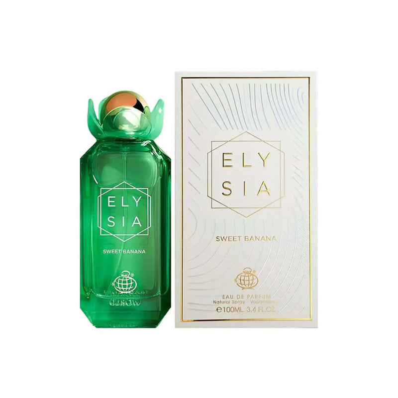 ELYSIA SWEET BANANA EAU DE PARFUM BY FRAGRANCE WORLD 100ml (3.4oz) in a green bottle with elegant packaging.