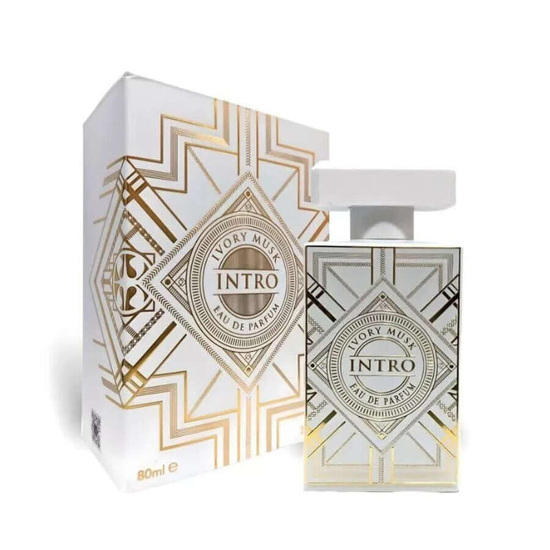 INTRO IVORY MUSK EAU DE PARFUM BY FRAGRANCE WORLD 100ml (3.4oz) bottle and box design.